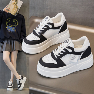 Tiktok Qianbaidu popular 2024 New thick-soled genuine leather all-match 8CM casual low-top all-match white shoes for women