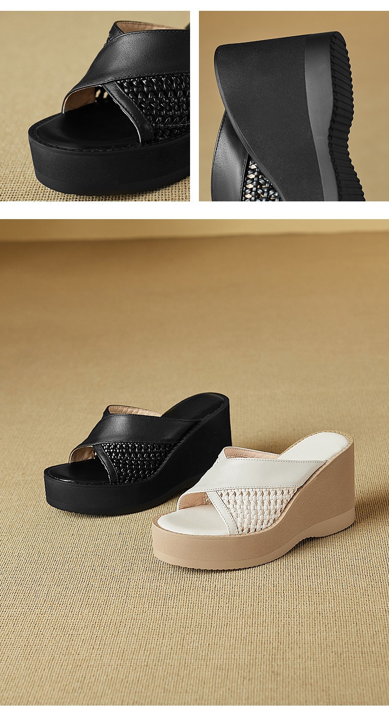 Sandal cao gót nữ mũi cá dày đế xuồng, chất liệu da bò đầu, thiết kế đan rỗng quai ngang — đen chi tiết 9