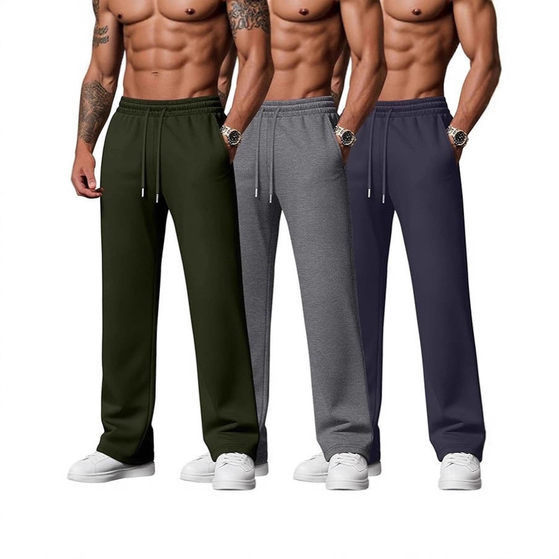 European and American Size Cross-Border Popular Three-Piece Set of Men's Jogger Pants with Drawstring Elastic Waist, Solid Color, Large Size, Wide-Leg Long Pants