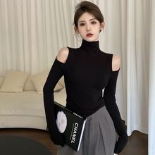 D2026# 秋季新款洋气高领打底衫女长袖t恤甜辣露肩设计感纯欲风潮