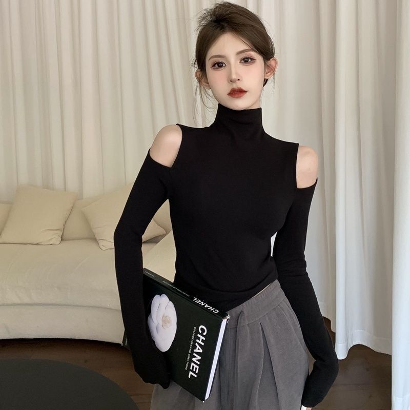 D2026# Autumn New Foreign Style High Neck Backing Shirt Women's Long Sleeve T-Shirt Sweet and Spicy Shoulder Design Sense Pure Fashion