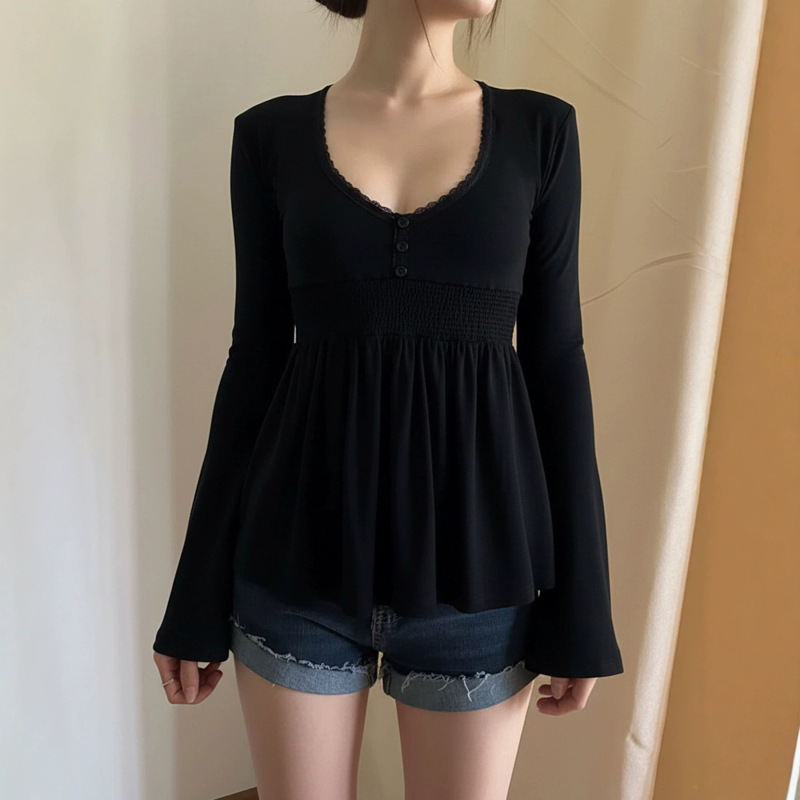 Cross-Border European and American Style Lace-Trimmed Long-Sleeve T-Shirt with Sexy Low-Cut V-Neck and A-Line Ruched Design, Japanese and Korean Casual Style
