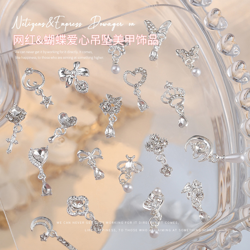 New manicure alloy jewelry full diamond tassel bow crown silver nail manicure jewelry accessories wholesale