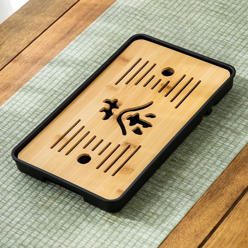 천연 차 트레이, 길이 31cm, 폭 18cm, 검정색 배경