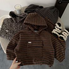 儿童加绒套装2025秋冬季韩版儿童条纹大口袋连帽卫衣卫裤两件套潮