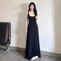 黒いロングスカートの偽の2つのヘボン風の小さい黒いスカートのキキョウのフランス式の年齢を減らして明らかにやせているガーターのワンピースの子供の夏服