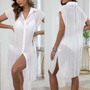 Cross-Border New European and American Polo Collar Pure Color Long Sleeveless Tulle Top Beach Bikini Loose Shirt Blouse