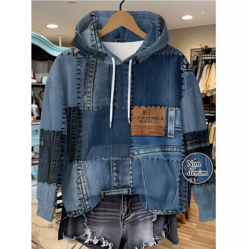 Imitation Denim Patchwork 3D Print Hooded Sweatshirt for Women, Vintage Distressed Faux Denim Loose Pullover Casual