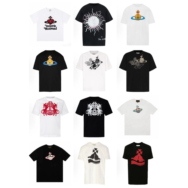 Vivi Graffiti Print Short-Sleeved T-Shirt with Planet Logo Print, Ribbed Trim, Matching Color Stitching, Loose Fit for Men and Women