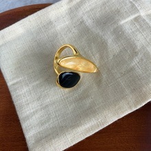 容雅开口可调节重感轻奢指环女欧美风黑色宝石镶嵌不对称个性夸张