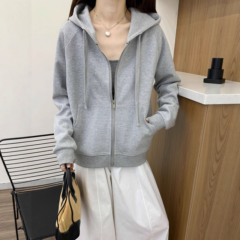 即墨卫衣秋新款健康布连帽拉链外套开衫女韩系慵懒风拉链外套上衣|undefined