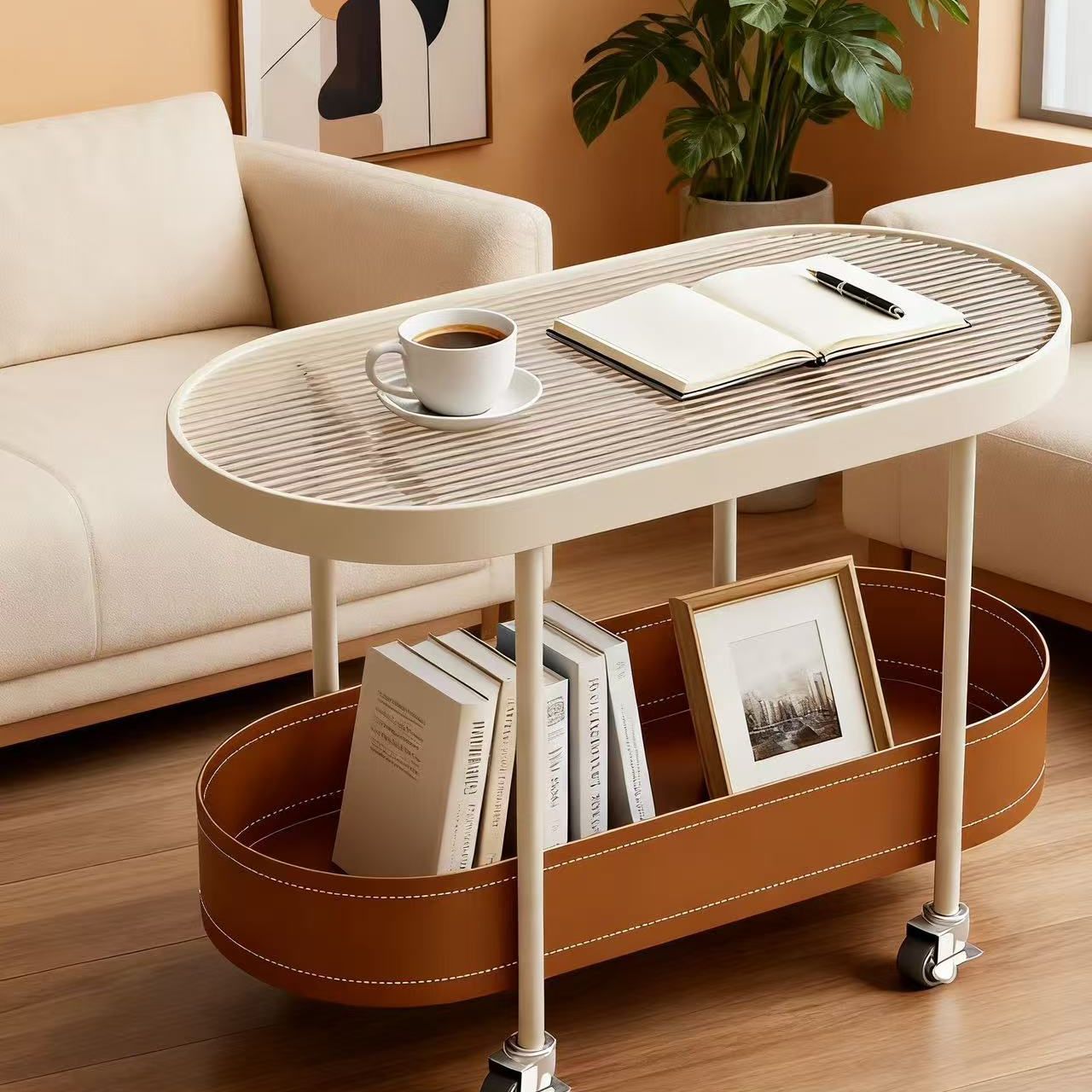 Cream-Style Saddle Leather Living Room Side Table Small Household Oval Internet-Famous Wheeled Movable Trolley Coffee Table