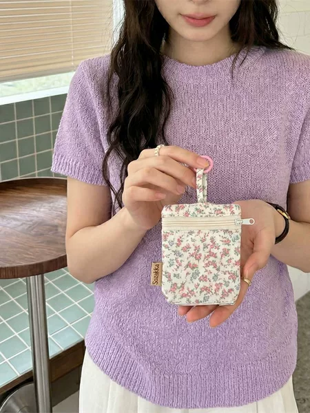 6442 Ins Style Floral Key Hanging Bag with Double Zipper and Hanging Buckle Design for Girls to Carry Around, Earphone and Key Storage Bag