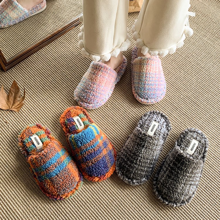 Cross-Border Foreign Trade Autumn and Winter Women's Rainbow Plaid Wool Slippers, Lamb Wool Sweat-Absorbent Floor Slippers, Couple Style Wholesale Customization