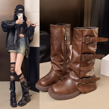 废土风厚底粗跟靴子女黑色复古褶皱堆堆靴马丁靴皮带扣中筒裤管靴