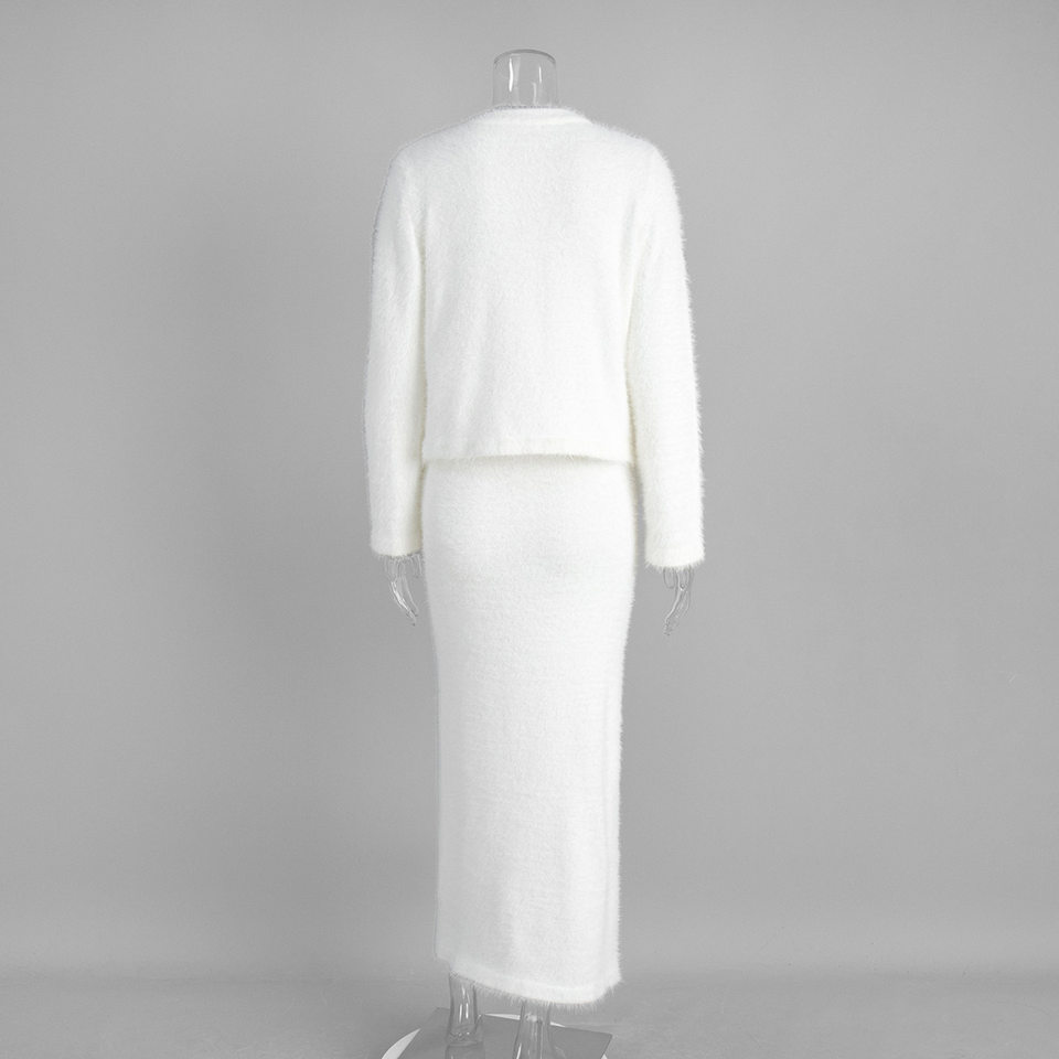 Bộ đầm nữ dài tay kèm áo cardigan cài một hàng nút, chân váy dài vừa — Màu be (mới), Màu trắng chi tiết 5