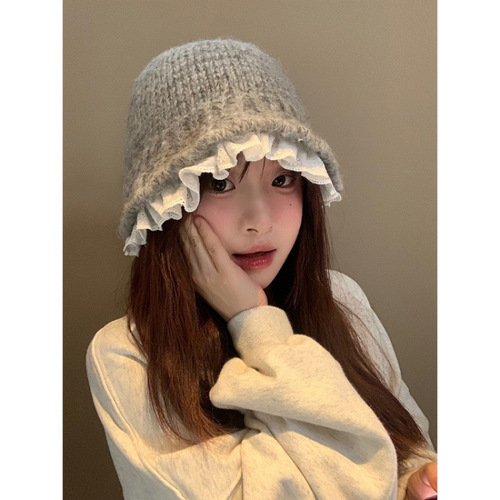 Lace fisherman hat for women in autumn and winter warm ear protection basin hat fashionable Korean face-showing small knitted wool hat