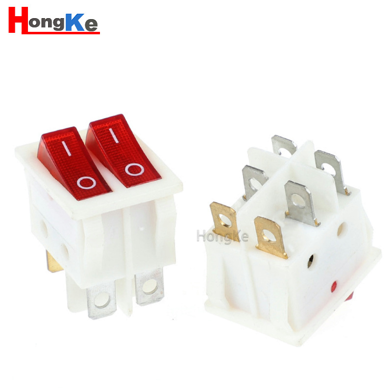 船型开关KCD6双联带灯跷板白色双刀双掷6脚铜脚电火锅用设备按钮