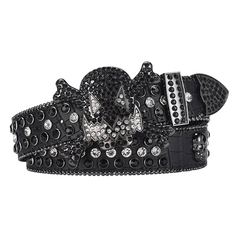Europeo y americano oscuro cráneo hebilla rhinestone incrustado cinturón de alta gama completo diamante lentejuelas hip hop decorativo discoteca cinturón hombres y mujeres