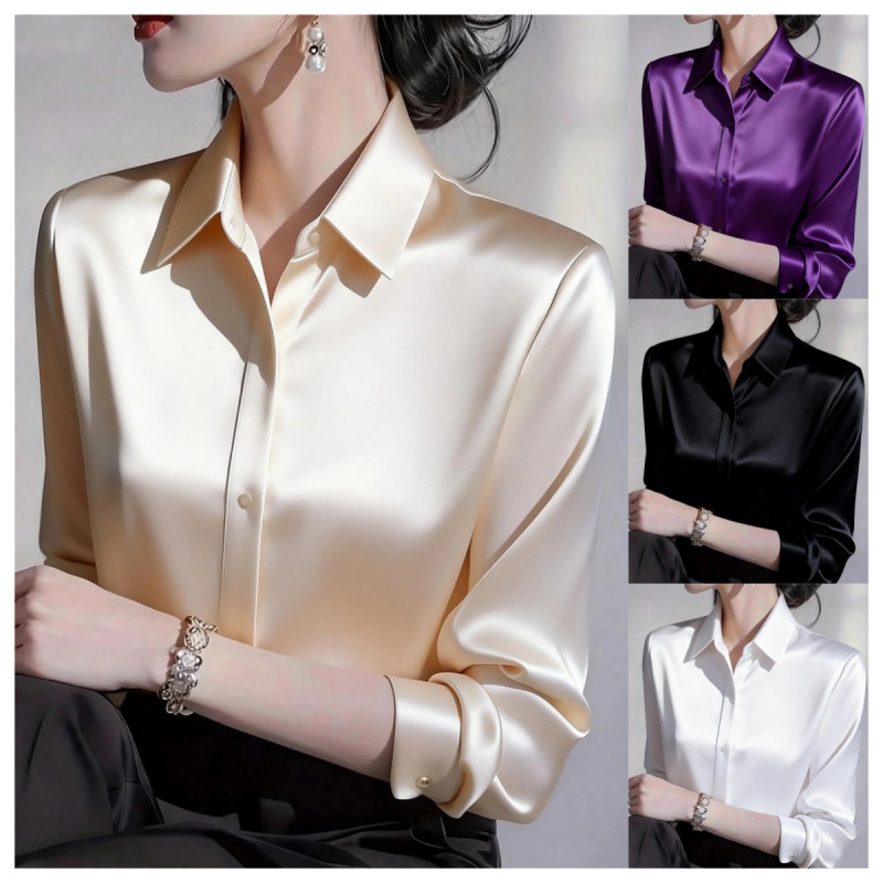 2026 Independent Site Amazon Hot-Selling Item Spring/Summer Solid Color Versatile Satin Long-Sleeve Button-Up Shirt for Women