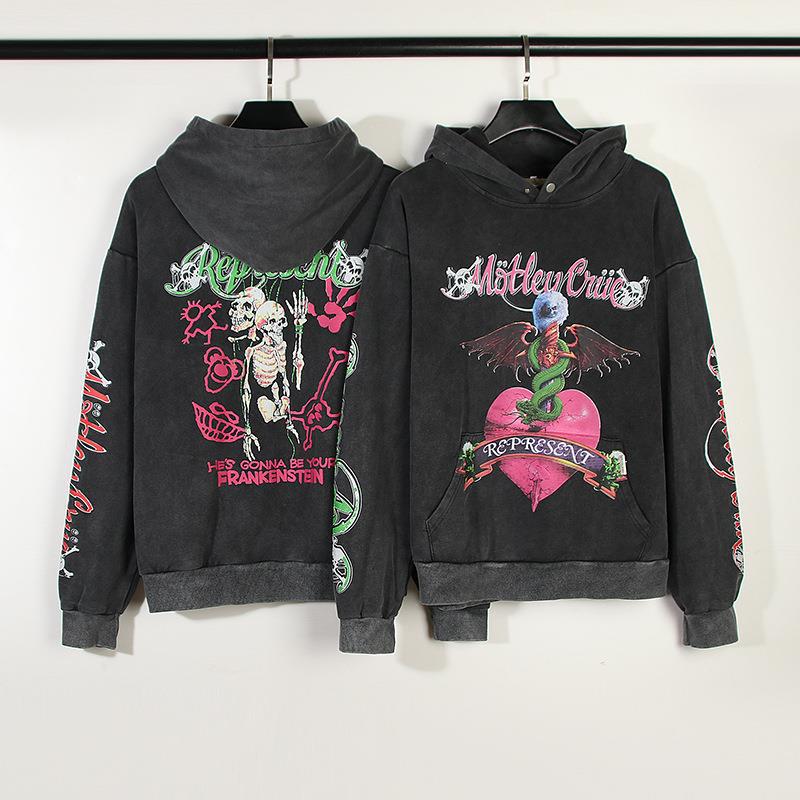Rappresenta Rock Band Teschio Mostro Diavolo Cuore Lavato Vecchio Cappotto con Cappuccio_voghion.com