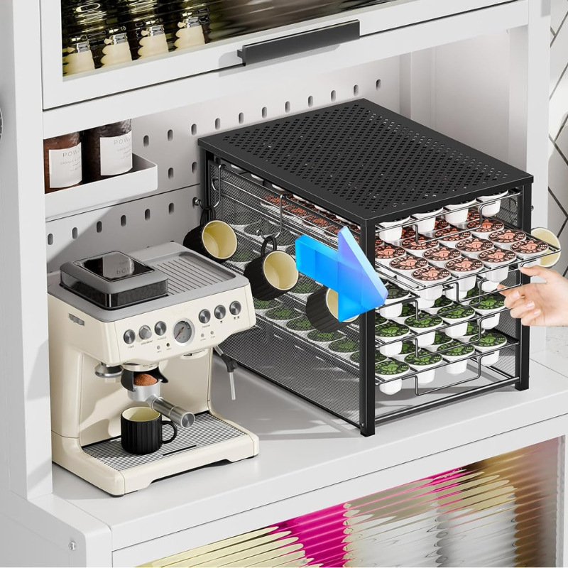 Estante de almacenamiento estratificado de 5 capas de caja de almacenamiento de cápsulas de café de hierro forjado simple con estante de gancho de taza