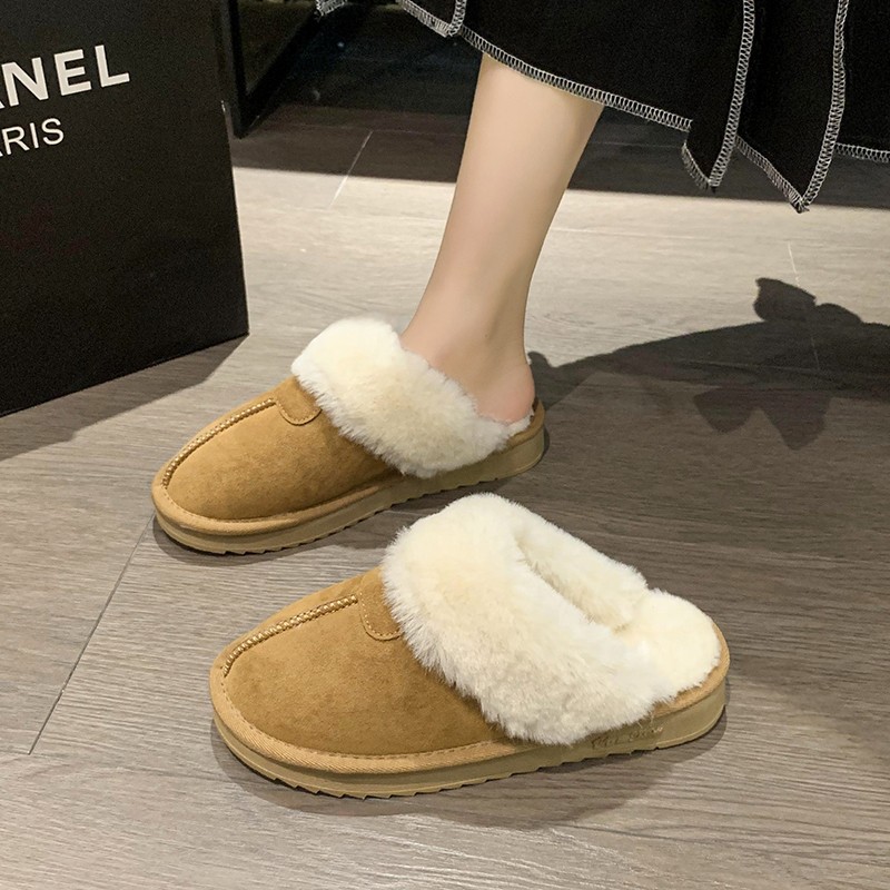 Pantofole pelose casual da donna, indumenti esterni con suola spessa, nuove mezze pantofole Baotou per la casa invernale 2022 più scarpe pigre in velluto_voghion.com