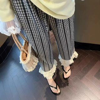 夏季孕妇抽绳腰提花直筒阔腿裤孕妇黑白格子蕾丝带拼接花边设计裤