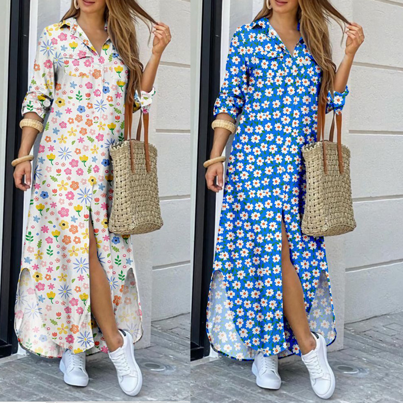 Cross-border 2022 autumn trendy street trendy women's clothing polyester cardigan lapel long sleeve dress shirt dress