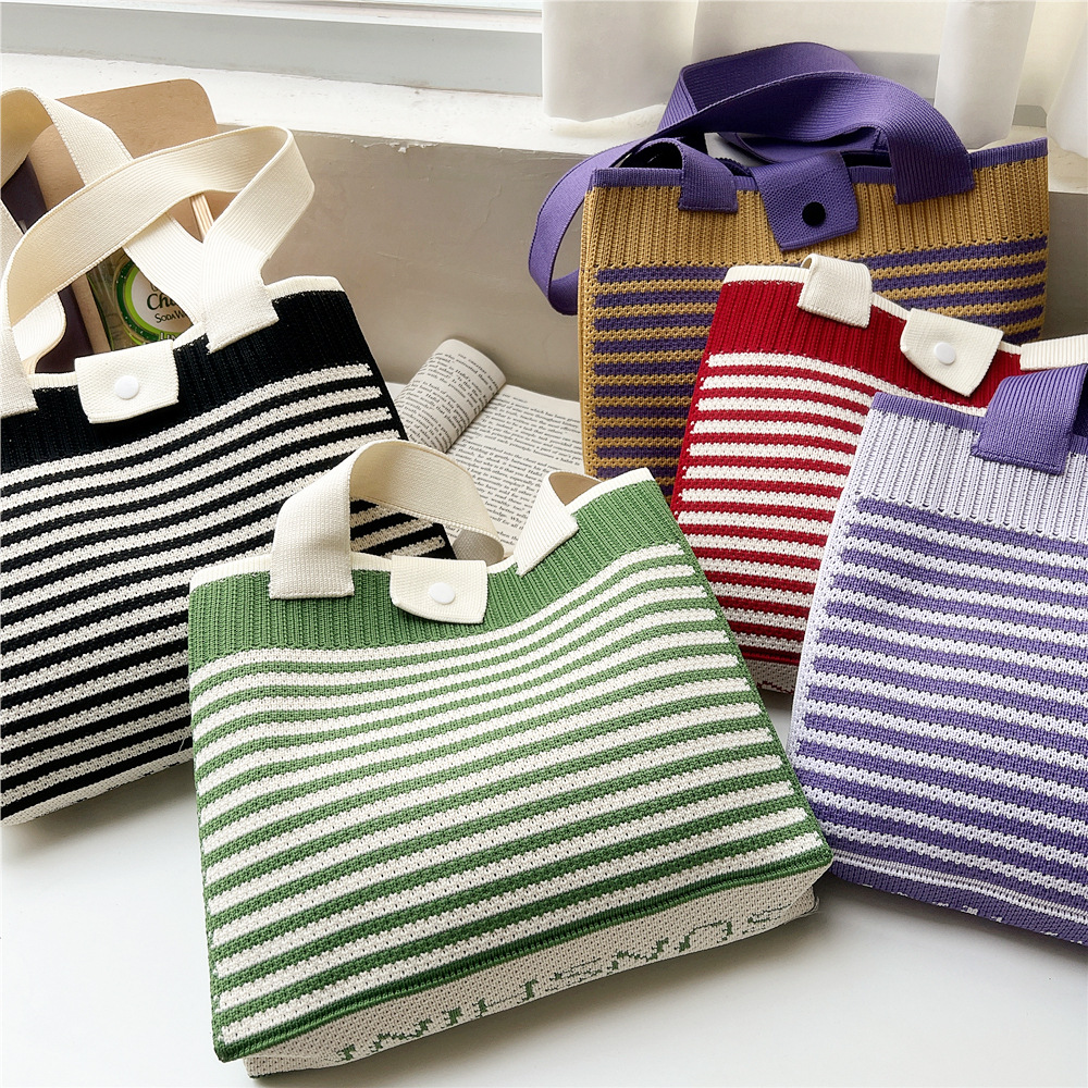 202g Weight Polyester Lining Material Buckle Closure Type Double Shoulder Straps Strap Type Tote Bag Bags Type Daily, Shopping Occasion Knit Material Stripe Pattern All Seasons Season Women's Gender Classic Style Style Medium Size Women's Medium Knit Stripe Classic Style Buckle Tote Bag 2