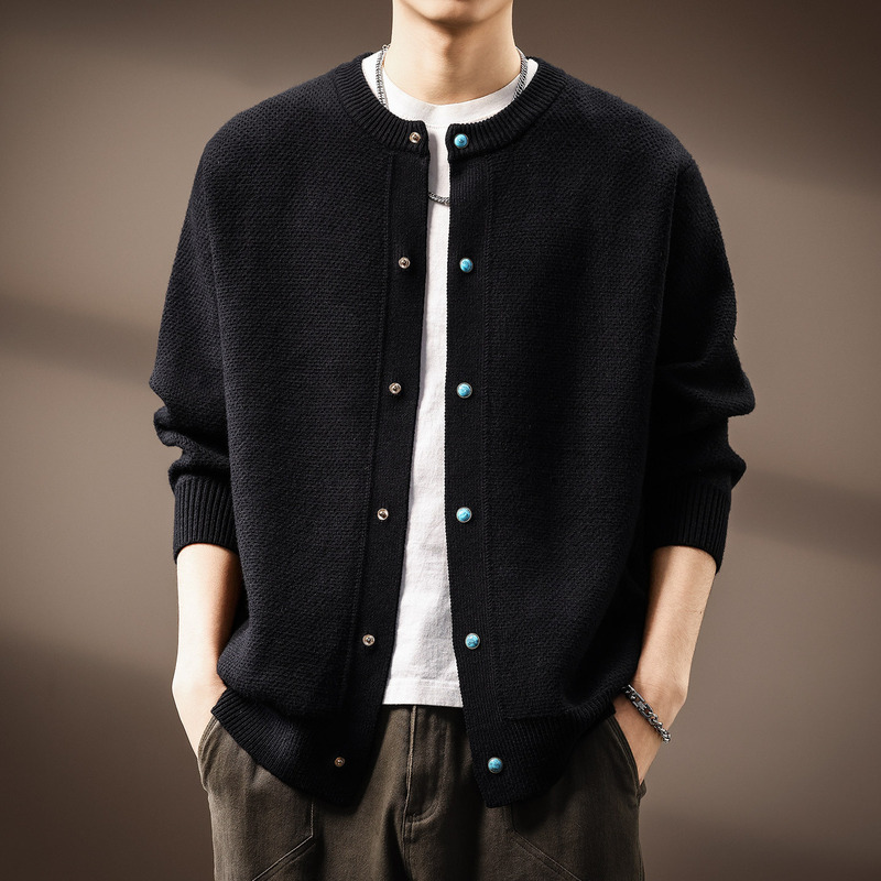 High-End Custom-Woven Blue Turquoise Cardigan Sweater for Men in Autumn and Winter Thick French Retro Blended Knitted Heavy Jacket