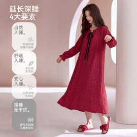 春秋新款紧赛纯棉女长袖睡裙大红结婚喜庆女长裙家居服图片色圆领