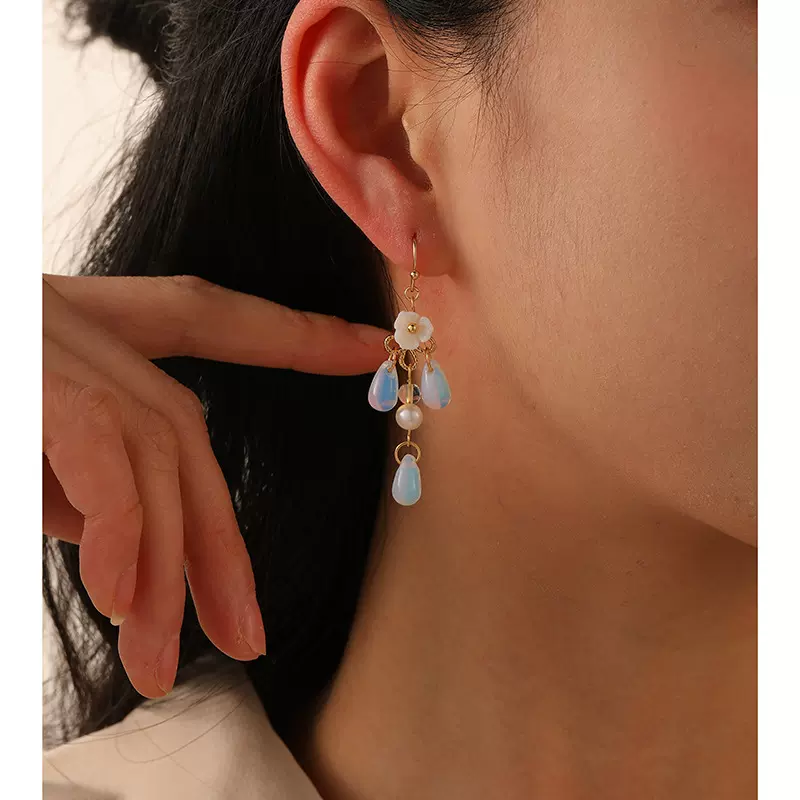 新中式天然淡水珍珠月光石流苏耳环简约时尚气质长款复古耳坠耳饰