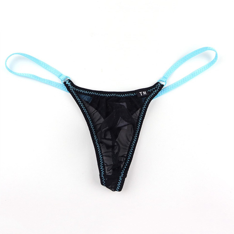 New men's mesh color matching thong boys fashion sexy transparent low waist T underwear