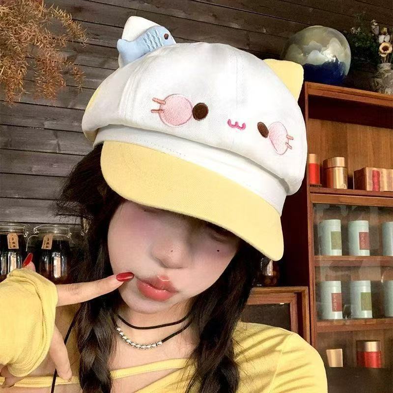 新款日系甜美可爱小鱼猫咪贝雷帽女卡通开学叠穿八角帽显脸小帽子|undefined