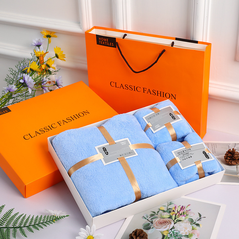 Thickened Coral Velvet Towel and Bath Towel Gift Box Company Souvenir Soft and Absorbent Three-Piece Gift Box with Logo Printed on It Thickened Coral Velvet Towel and Bath Towel Gift Box Company Souvenir Soft and Absorbent Three-Piece Gift Box with Logo Printed on It