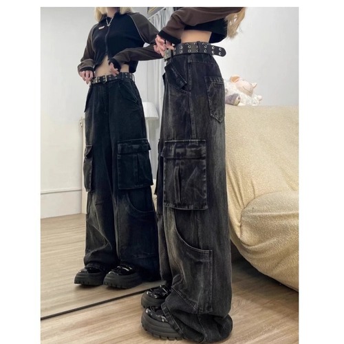 American High Street Design Style Workwear Jeans for Women Spring and Autumn Vintage High-Waist Straight Leg Loose Flowy Wide Leg Pants
