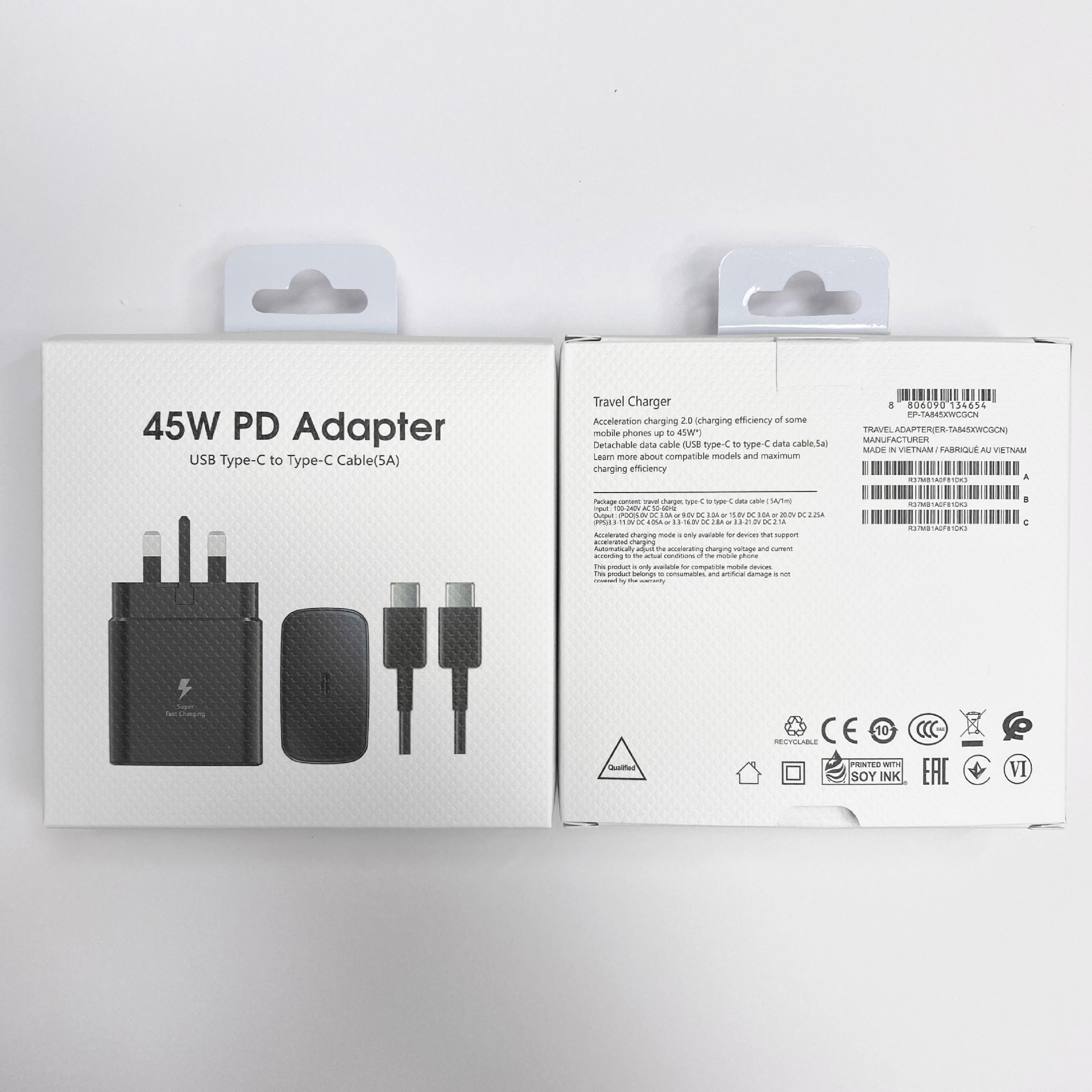 现货PD25W，45W二合一 包装盒 适用于三星S20/21type-C快充头包装