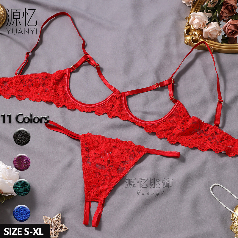 Sexy Underwear No-off Opening Amazon Hot Cross-border Sexy Underwear Lace Lace Hollow Dew Two-piece Set