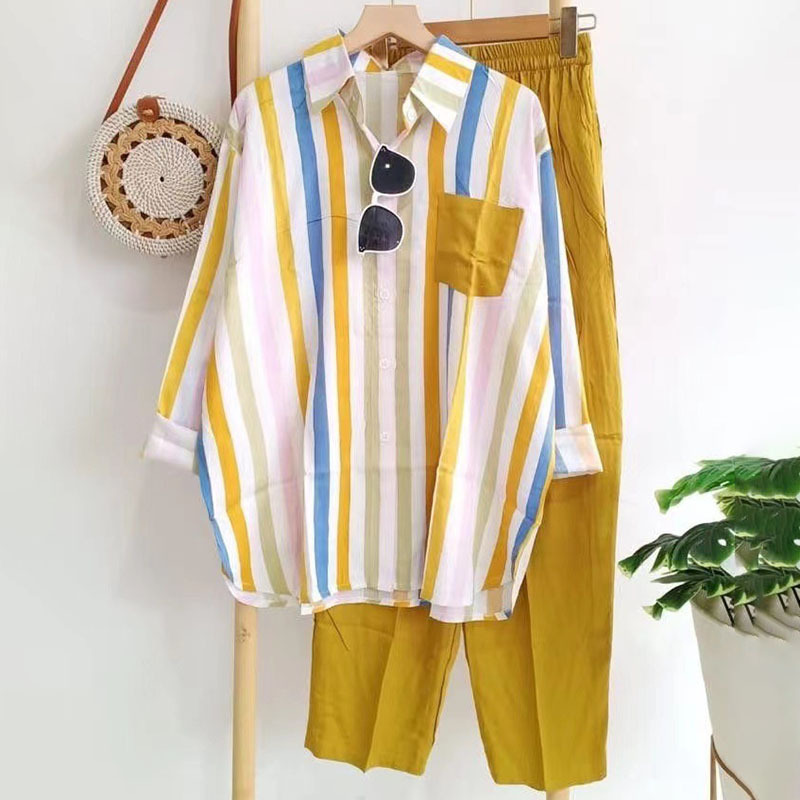 Amazon Cross-Border Spring and Summer Temperament Fashion Casual Western Style Age-Reducing Long-Sleeved Striped Sports Suit Foreign Trade Wholesale