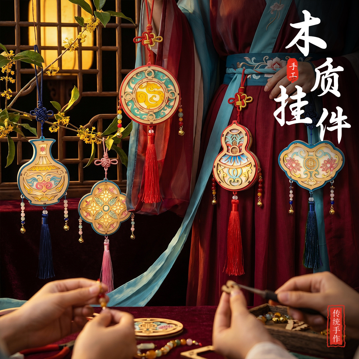 古风中秋木质荷包手工灯笼diy材料包发光彩绘宫灯摆件手提小灯笼