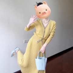 气质黄色针织半身连衣裙子长裙女秋2025新款温柔风穿搭一整套装裙
