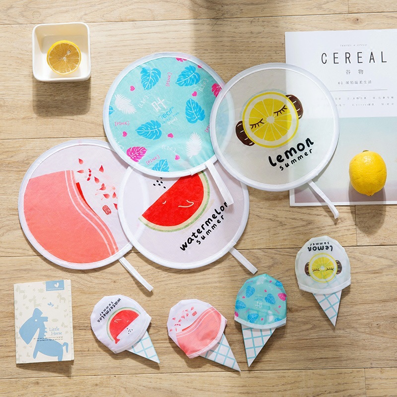 Summer folding round fan, cartoon shrinkable portable pocket fan, travel gift small cloth fan, mini advertising fan