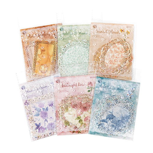 Mo Mo Lace Paper Flowers Blooming Period Series Hollow Retro Floral Handbook Decoration Material Stickers 10 Pieces