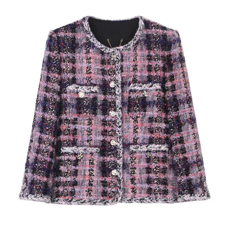 French Fashion Mid-Length Purple Mist Wool Mixed Tweed Chanel-Style Jacket