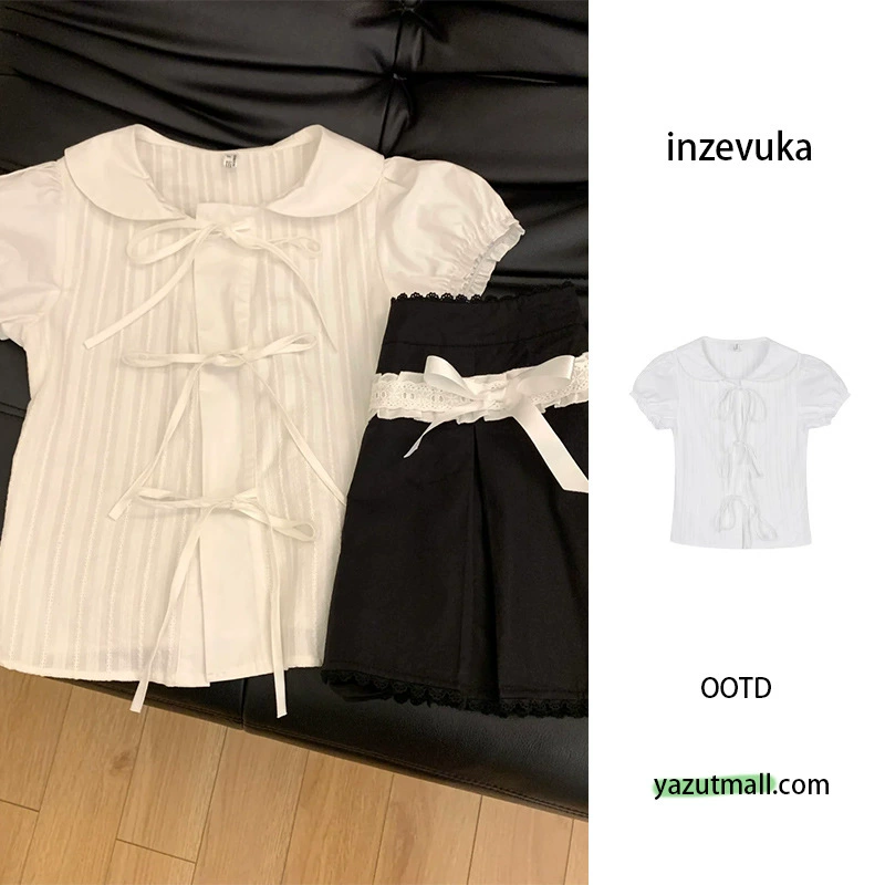 Корейская белая кукла с воротником и галстуком-бабочкой, летняя новая облегающая универсальная модная рубашка с короткими рукавами