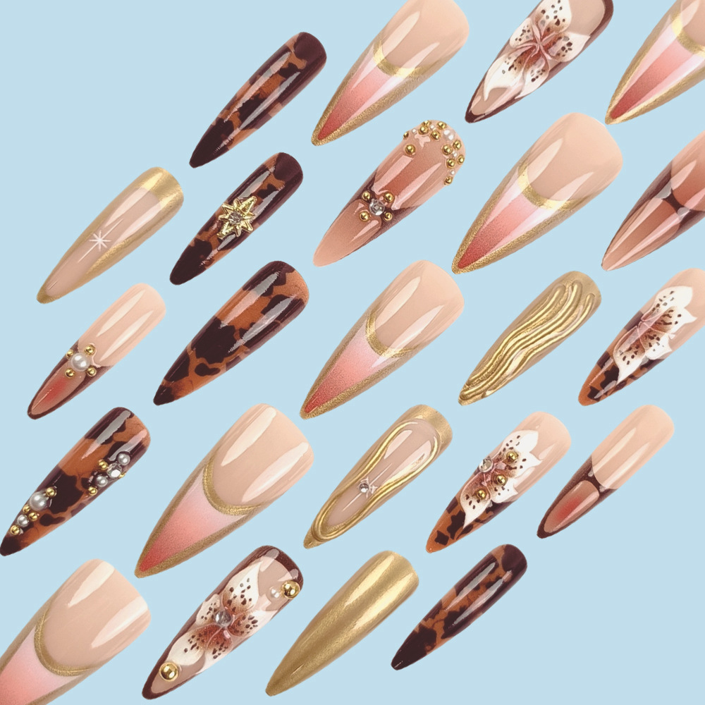 24 piezas de uñas postizas iridiscentes con relieve, arte floral 3D chapado en oro con pedrería, piezas de uñas de alta gama para comercio exterior, uñas postizas. image 5
