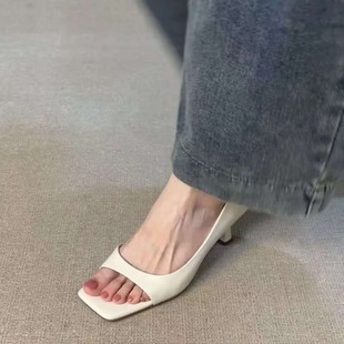 Ready Stock Version ~ French Retro Elegant Silver Fish Mouth Sandals Women's Stiletto Summer New Square Toe Fashion High Heels