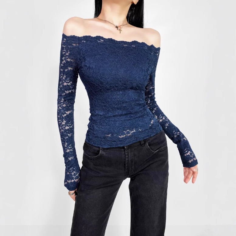 25 Summer New Women's Spice Girl Shoulder Hollow Lace Base Shirt Niche Design Sense Slim-fit Slimming Long-sleeved T-shirt
