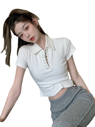 White Polo Collar Short-Sleeve T-Shirt for Women - Summer Design, Unique and Chic, Sweet and Spicy Style, Short Length, Fitted and Slimming Top